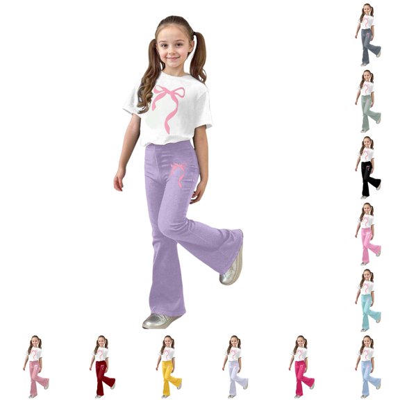 RUTAYY Girls 2 Piece Clothing Set Graphic Print Short Sleeve Tops Flare Casual Pants Kids Tracksuit Purple