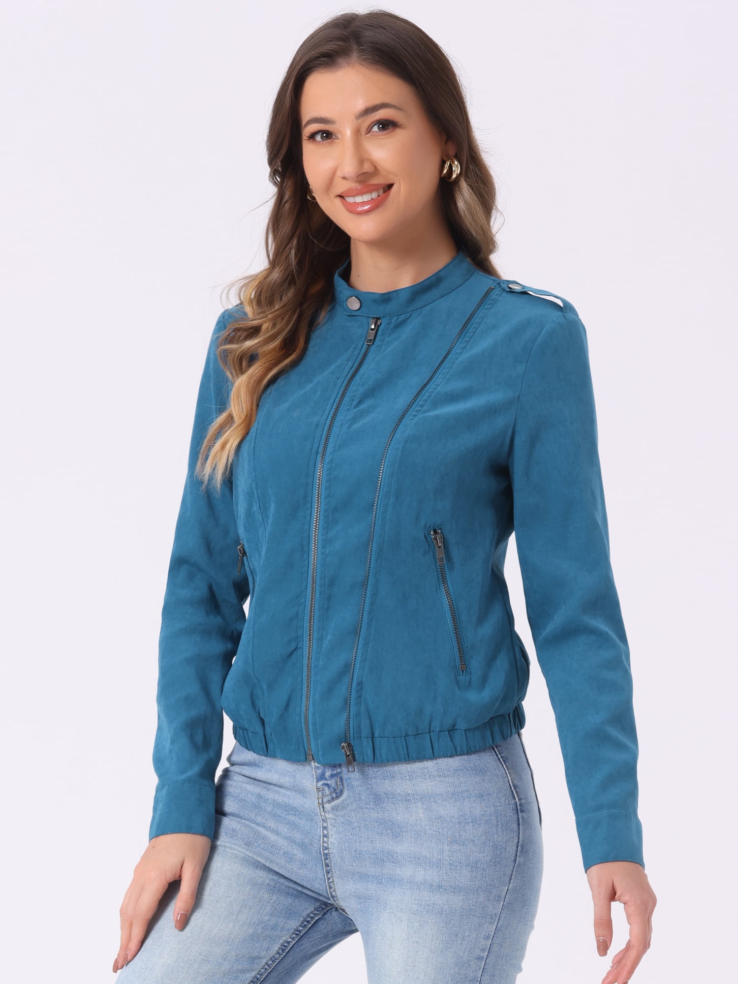 DARING DIVA Casual Zip Up Long Sleeve Lightweight Moto Jacket L Peacock Blue