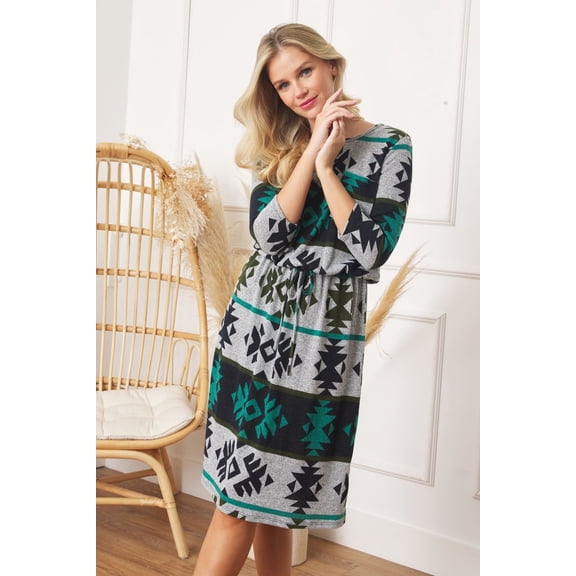 Teal Aztec Print 3/4 Sleeve Blouson Midi Dress_Plus