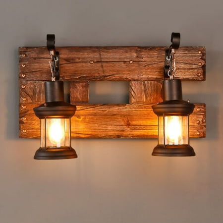 

Retro Porch Lantern Light Wall Sconce Metal Glass Lamp Hallway + Wood Backplate