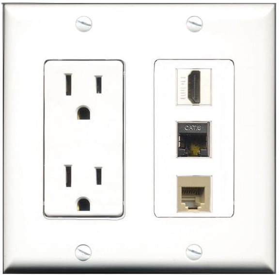 RiteAV - 15 Amp Power Outlet 1 Port HDMI 1 Port Phone Beige 1 Port Shielded Cat6 Ethernet Ethernet Decorative Wall Plate