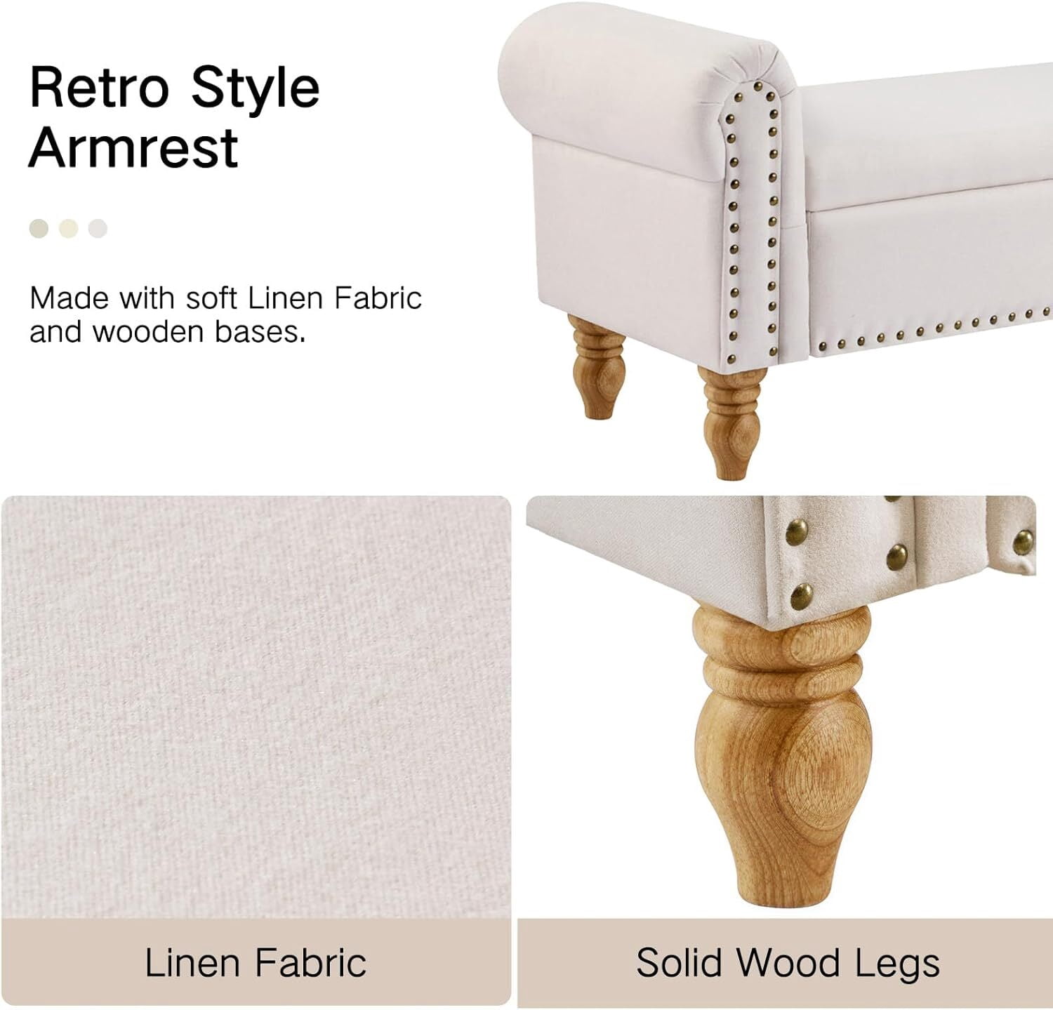 51.5" Linen Storage Ottoman Bench, Upholstered End of Bed Bench for Bedroom Living Room Entryway Window Seat（Beige）
