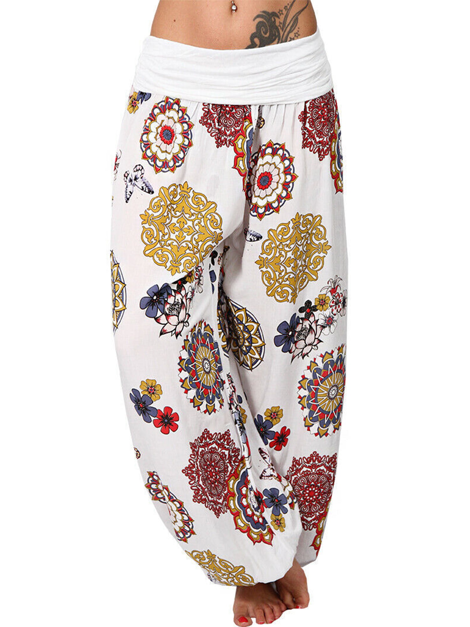 Wabtum Summer Pants for Women Casual Flowers Print Cotton Linen Pants Elastic Waist Wide Leg Cropped Pants witn Pockets