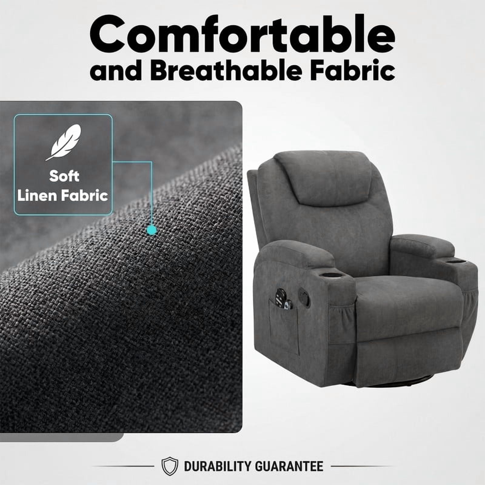Lacoo PU Leather Swivel Rocker Recliner with Massage for Living Room Small Spaces Lounge Recliner Chair with Side Pockets for Adults,Linen Gray