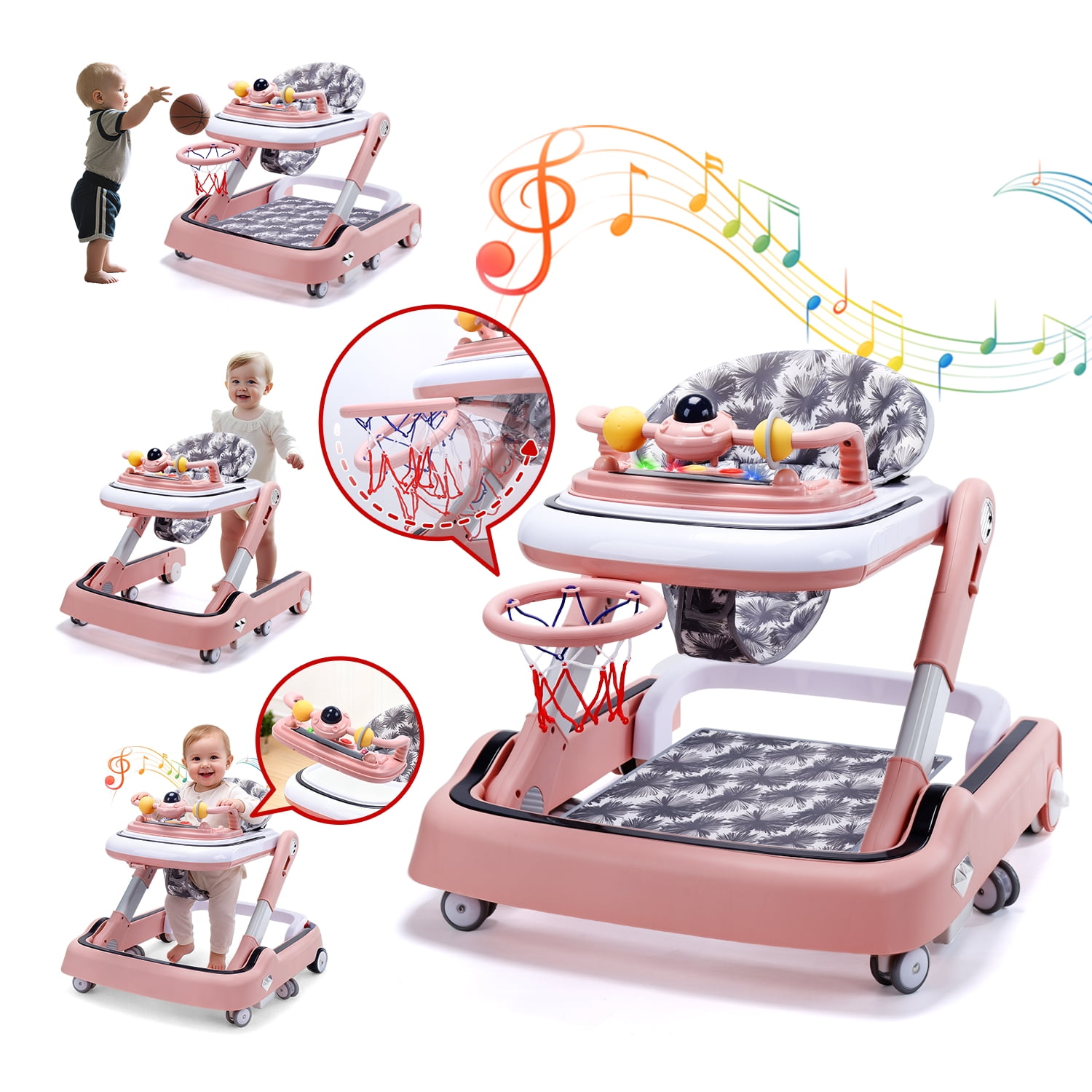 WonderStone 6 in 1 Baby Walker, Foldable Push Walker with Wheels and Mini Basketball Hoop, Music & Light, Baby Bouncer & Activity Center for Boys and Girls 6-12 Months (Pink)
