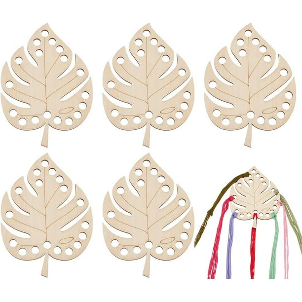 5 organizadores de hilo de bordar de madera con 18 agujeros, con forma de hoja, para puntadas de madera.