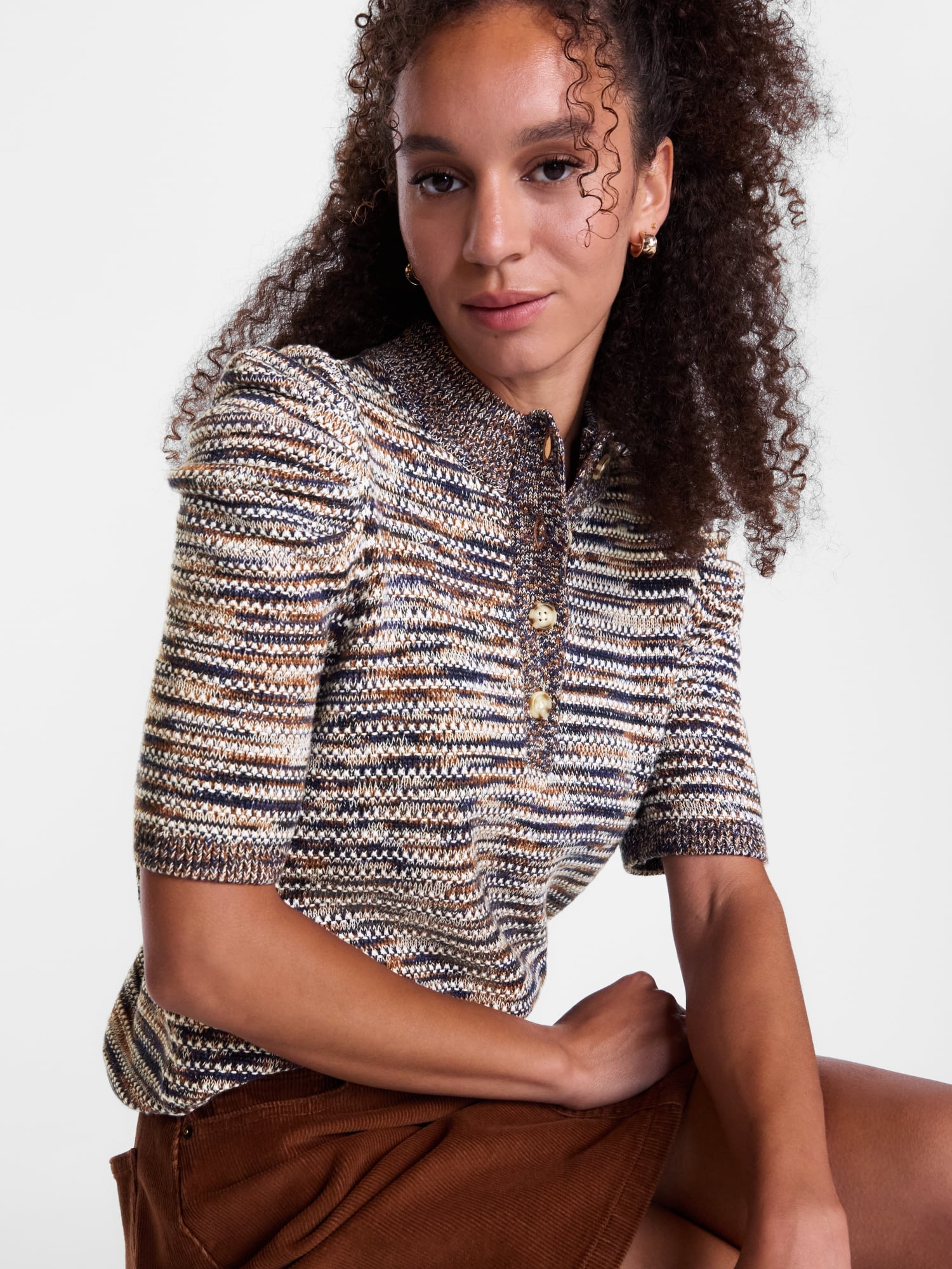 Scenario Women's and Women's Plus Henley Sweater with Puff Sleeves, Lightweight, Sizes XS-4X