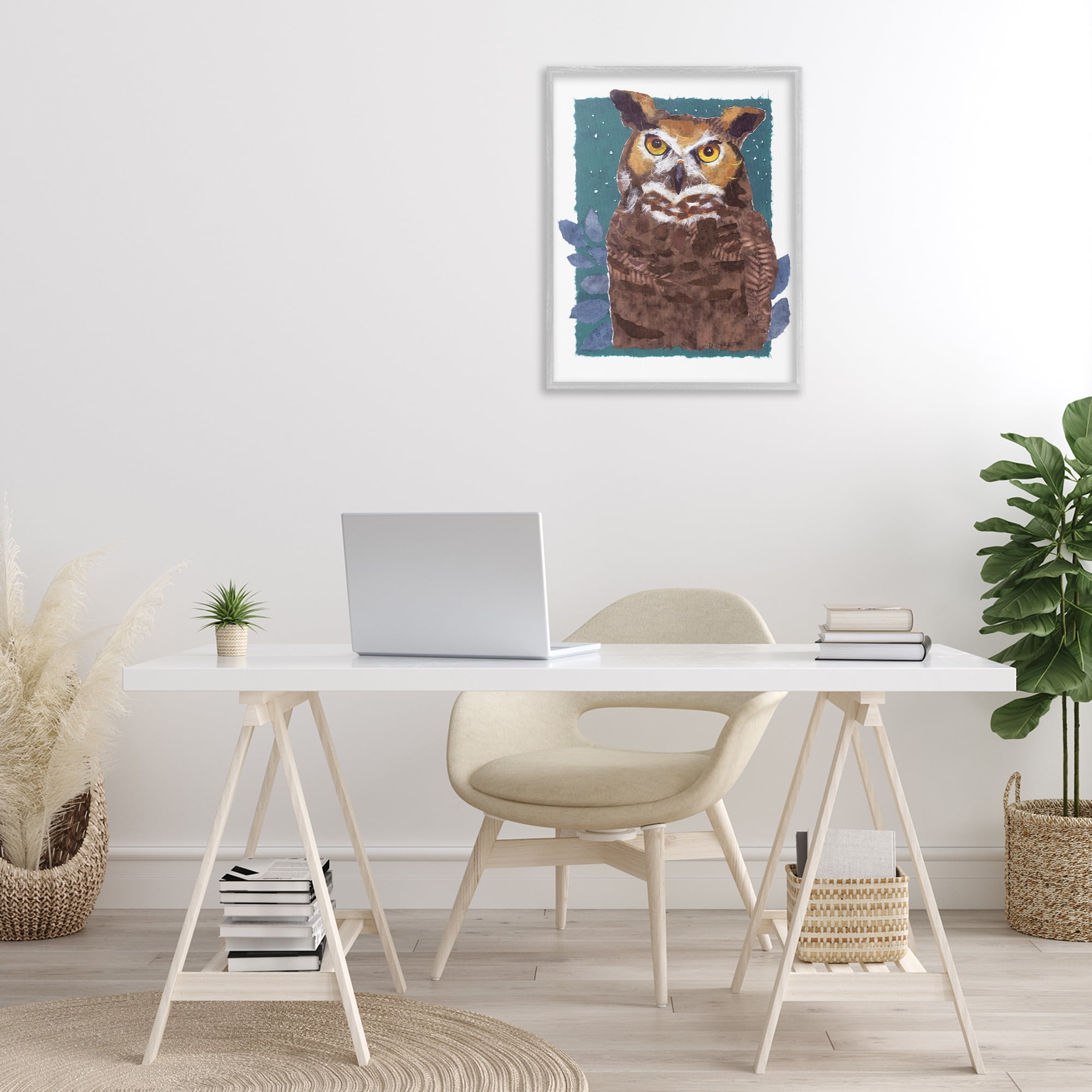 Stupell Industries Stern Owl Portrait Animals & Insects Painting Gray Framed Art Print Wall Art, 24 x 30