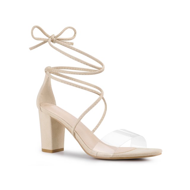 BLISSFUL STEP Women Lace Up Clear Strap Block Heels Sandals Beige 6