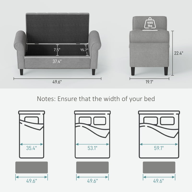 Alvantor Storage Ottoman Bench with Rolled Arms, Button Tufted Seat & Wood Legs 49.5"x19"x22.5" Gray