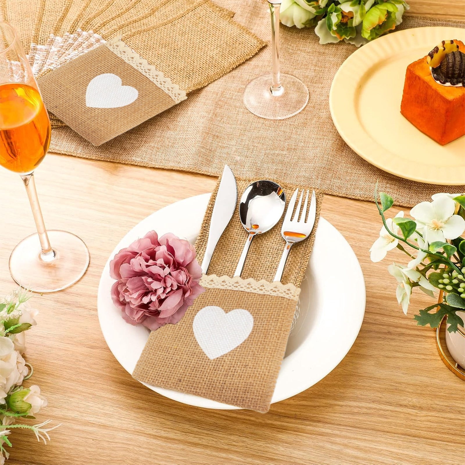 30Pc Cutlery Holder,Natural Burlap Tableware Utensil Holders,Burlap Lace Silverware Holder Linen Knife And Forks Cutlery Pouch Bag,Linen And Lace Cutlery Storage Bag For Vintage Rustic Wedding Party