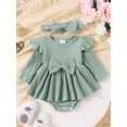 thumbnail image 2 of Newborn Baby Girls Outfit, Long Sleeve Crew Neck Bow A-line Romper Dress with Headband, 2 of 9