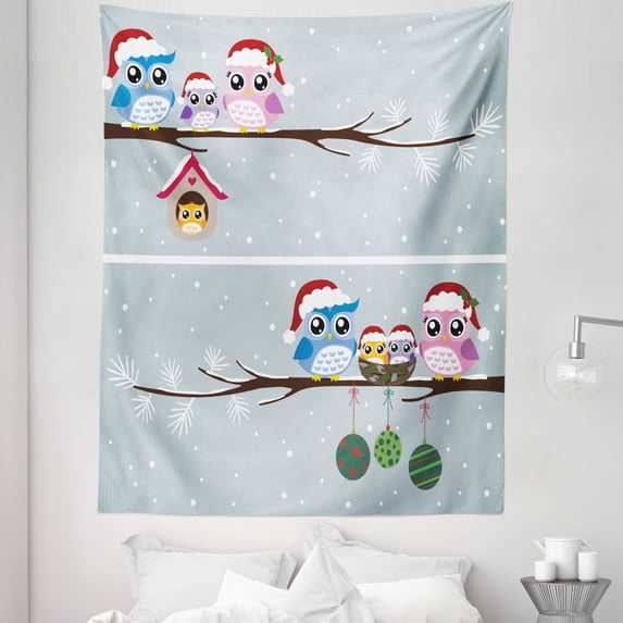 Owl Tapestry, Owl Family with Santa Hats on Tree Branch with in Nest Birds Snowy Winter Print, Fabric Wall Hanging Decor for Bedroom Living Room Dorm, 5 Sizes, Grey, by Ambesonne