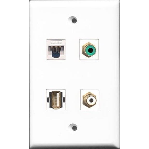 RiteAV 1 Port RCA White and 1 Port RCA Green and 1 Port USB A-A and 1 Port Cat5e Ethernet White Wall Plate