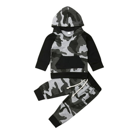 

Dewadbow Toddler Infant Baby Camouflage Hooded Long Sleeve Top Pants Outfit