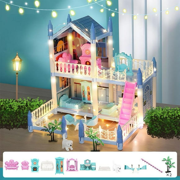 JUNWELL (E-Commerce Box) Blue 3-Bedroom Lighted Villa - Send Dolls X2 Children‘S Play House Diy Assembly Princess Castle Villa Light Doll House Model Educational Girl Toy