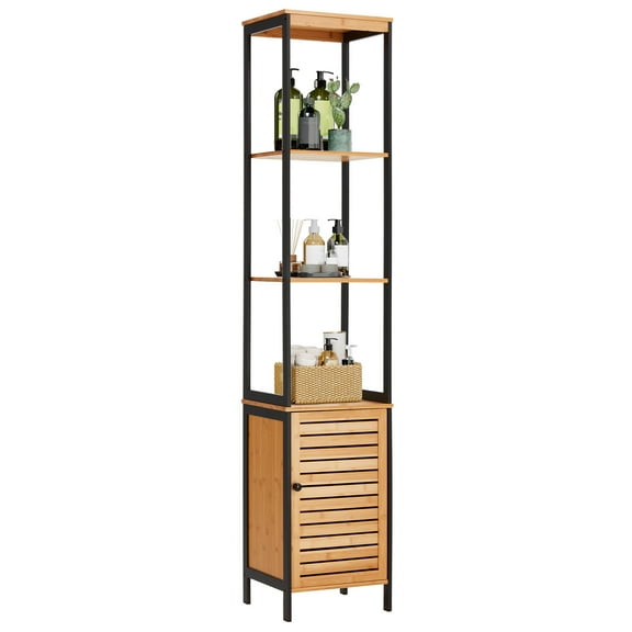 Danrelax 68" Bamboo Bathroom Cabinet, 5 Tier Floor Shelving Unit with Open Shelves & Cabinet Storage, Premium Moso Bamboo Organizer for Bathroom, Kitchen, or Living Room