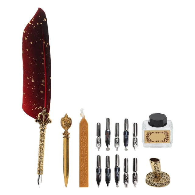 Quill Pen Set, Multiple Replacement Nibs Feather Pen Smoothing Writing Retro Elegant For Home For Office For School Red