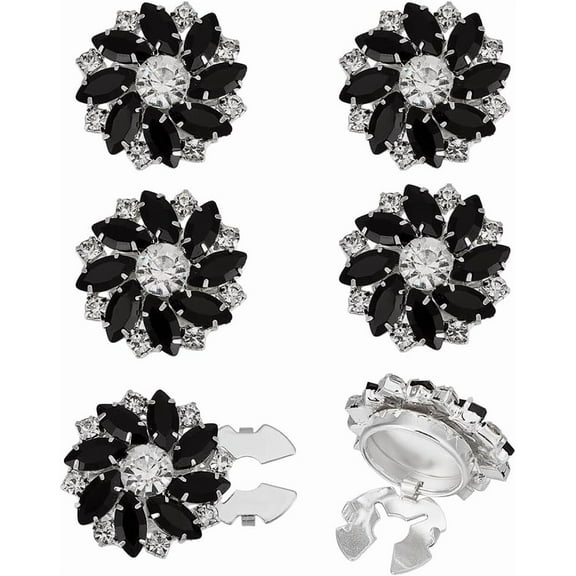 6 Pcs Women's Rhinestone Button Cover Black Cufflinks Button Cover 1 inch Diameter Flower Shape Detachable Alloy Snap Button Clips Buttons Jewelry for Clothes Shirt Decoration Black
