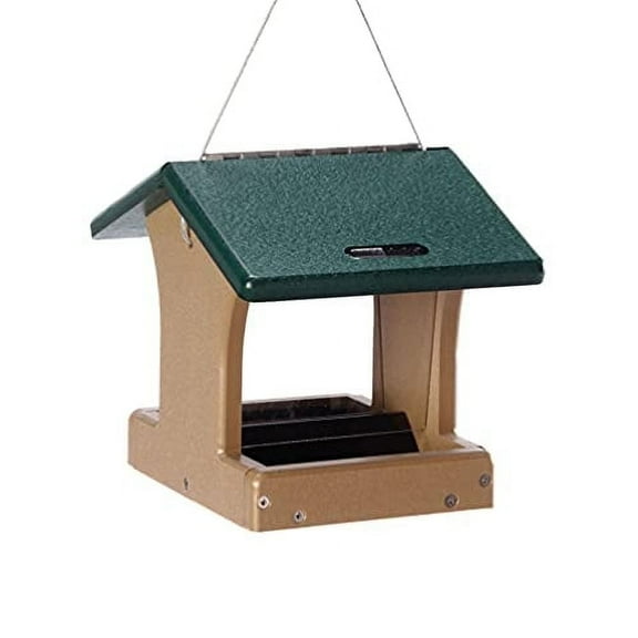 Birds Choice 8.75" Small Recycled Plastic Hanging Hopper 2-Sided Bird Feeder, Taupe/Green