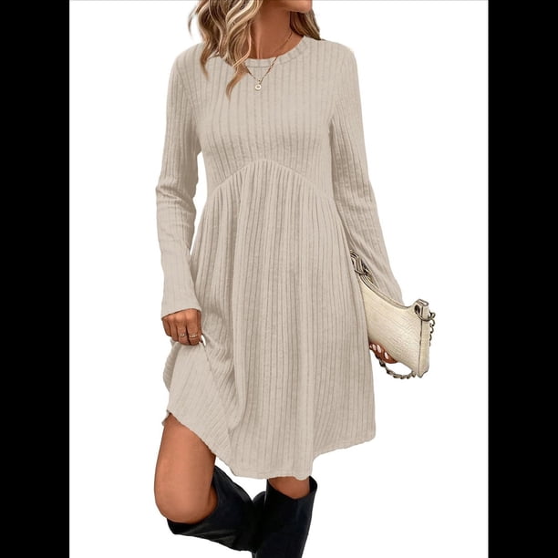 Vestido de Larga para Mujer, Cuello Redondo, Cintura Alta, Túnica con Bolsillos Albaricoque L