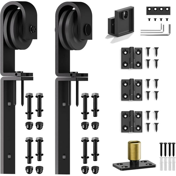 PinesC Bifold Barn Door Hardware Hangers 2pcs (J Shape Hangers), 3X Hingers, Floor Guide - Black Black