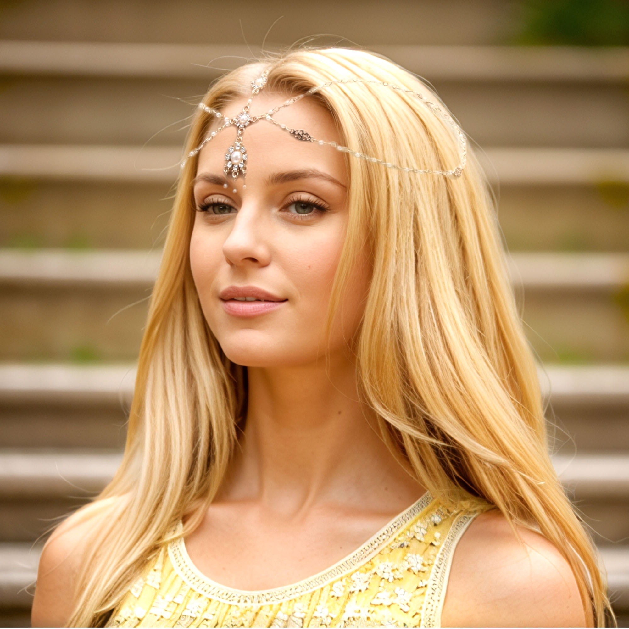 Unique Bargains Headpiece Bohemia Faux Pearls Head Chain Gold Tone 1 Pc