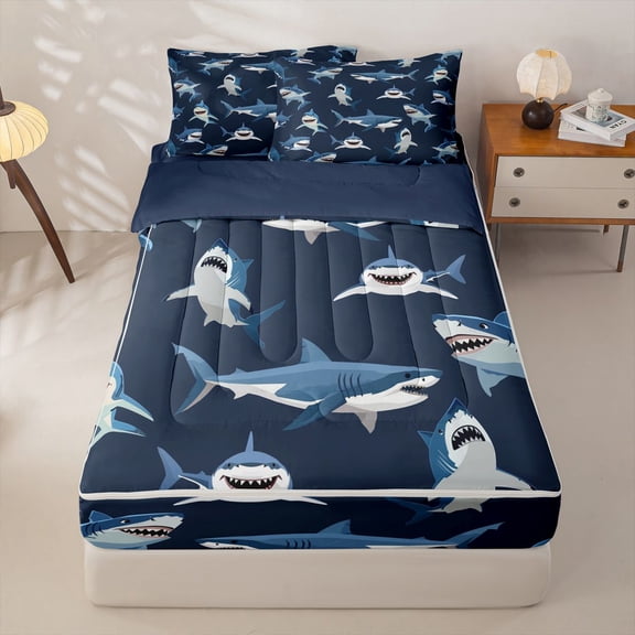 Manfei Cartoon Shark Zipper Twin Comforter Sets with Fitted Sheet and 2 Pillowcases for Kids Boys and Girls, Funny Fish Zipper Bedding Set, Navy Reversible, 4-Piece