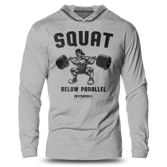 GYMISH Squat Ver2 Lightweight Long Sleeve Hooded T-Shirt for Men – Funny Gym Hoodie, Workout Shirt, Fitness Apparel