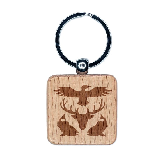 Hunter Deer Fish Duck Hunting Fishing Square Keychain Charm Tag - Engraved Wood