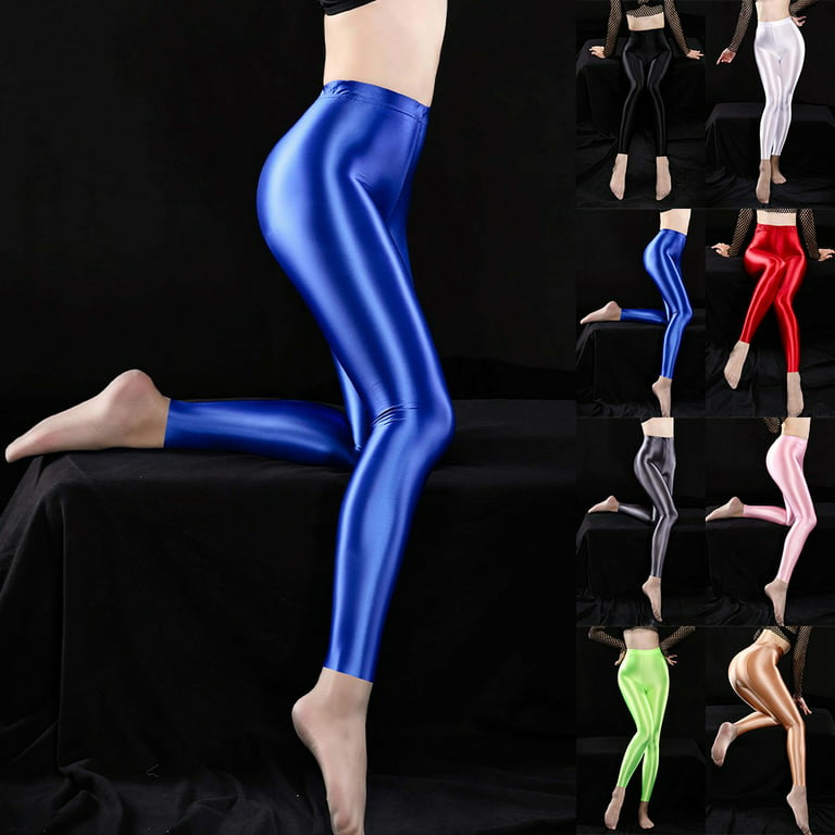 YIWEI Women Shiny Glossy Opaque Leggings Super Elastic Slim Trousers Yoga  Pants Dark Grey M