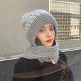 thumbnail image 6 of Mosey Ladies Winter Hat Knitted Thick Color Block Windproof Warm Soft Ear Protection Plush Ball Decor Elastic Anti-slip Beanie Scarf Combo Women Cap, 6 of 7