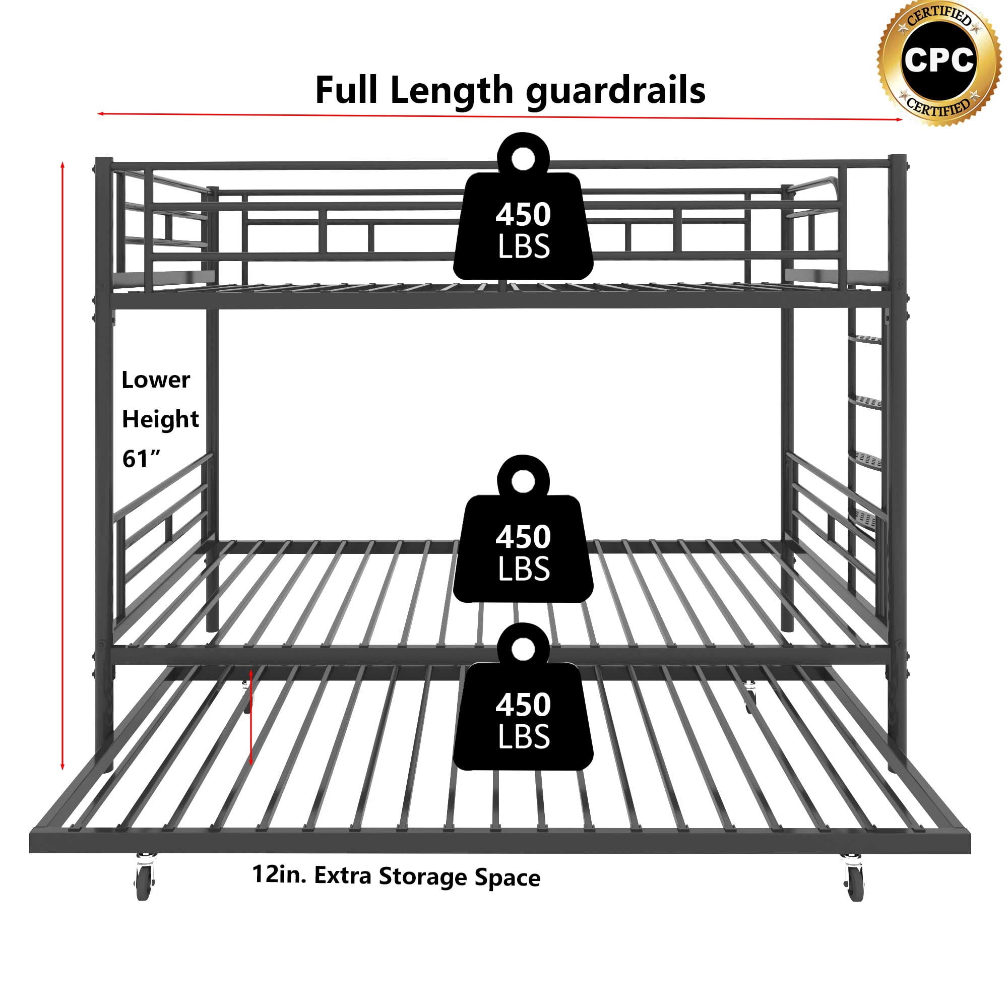 Triple Bunk Bed Twin over Twin with Trundle Metal Bunk Bed for Kids,Adults,Heavy Duty Bunk Bed with Full-Length Guardrail,Comfortable Step,Easy to Assemble,for 3