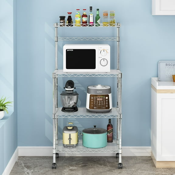 UBesGoo 4-Layer Bakers Rack Kitchen Cart Island Microwave Oven Stand Shelf Workstation Storage Organizer Silver