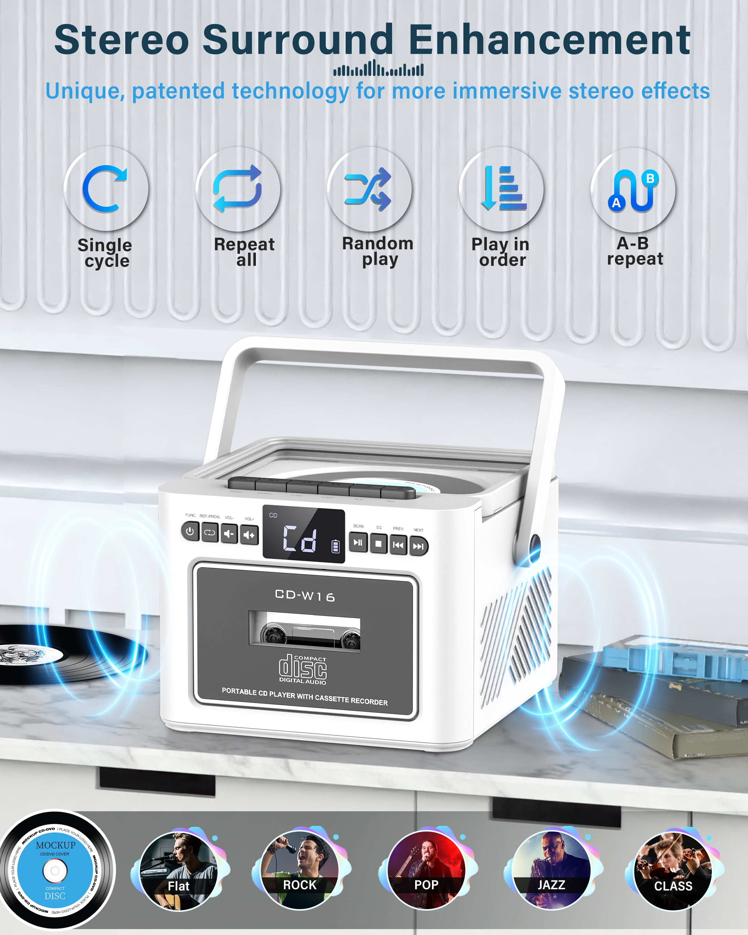 Greadio 5000mAh Rechargeable CD Player Boombox Cassette Player Combo with Bluetooth, FM, Music