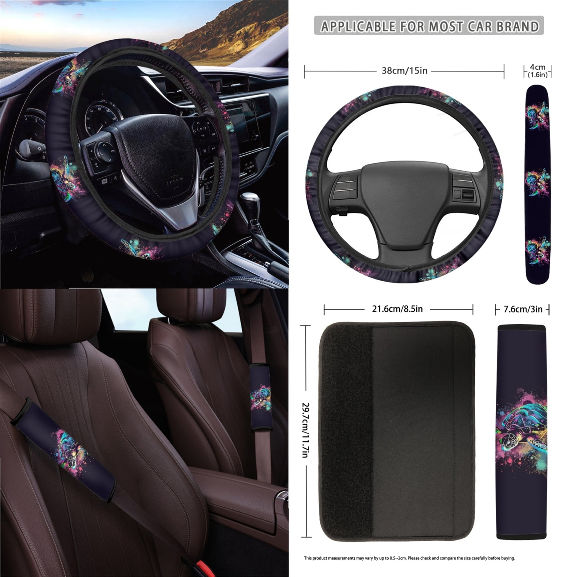 Yuyamidu Colorful Sea Turtle Car Seat Covers Set 15 PCS Car Front Rear Seat Cover Steering Wheel Cover Seat Belt Covers Trash Bin Air Vent Storage Bag Rear View Mirror Cover Coasters Key Chain