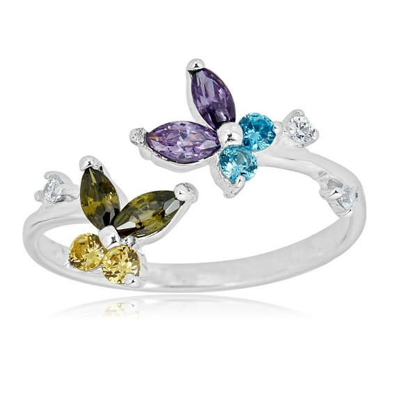 AVORA 925 Sterling Silver Adjustable Butterfly Toe Ring with Purple and Green Simulated Diamond CZ
