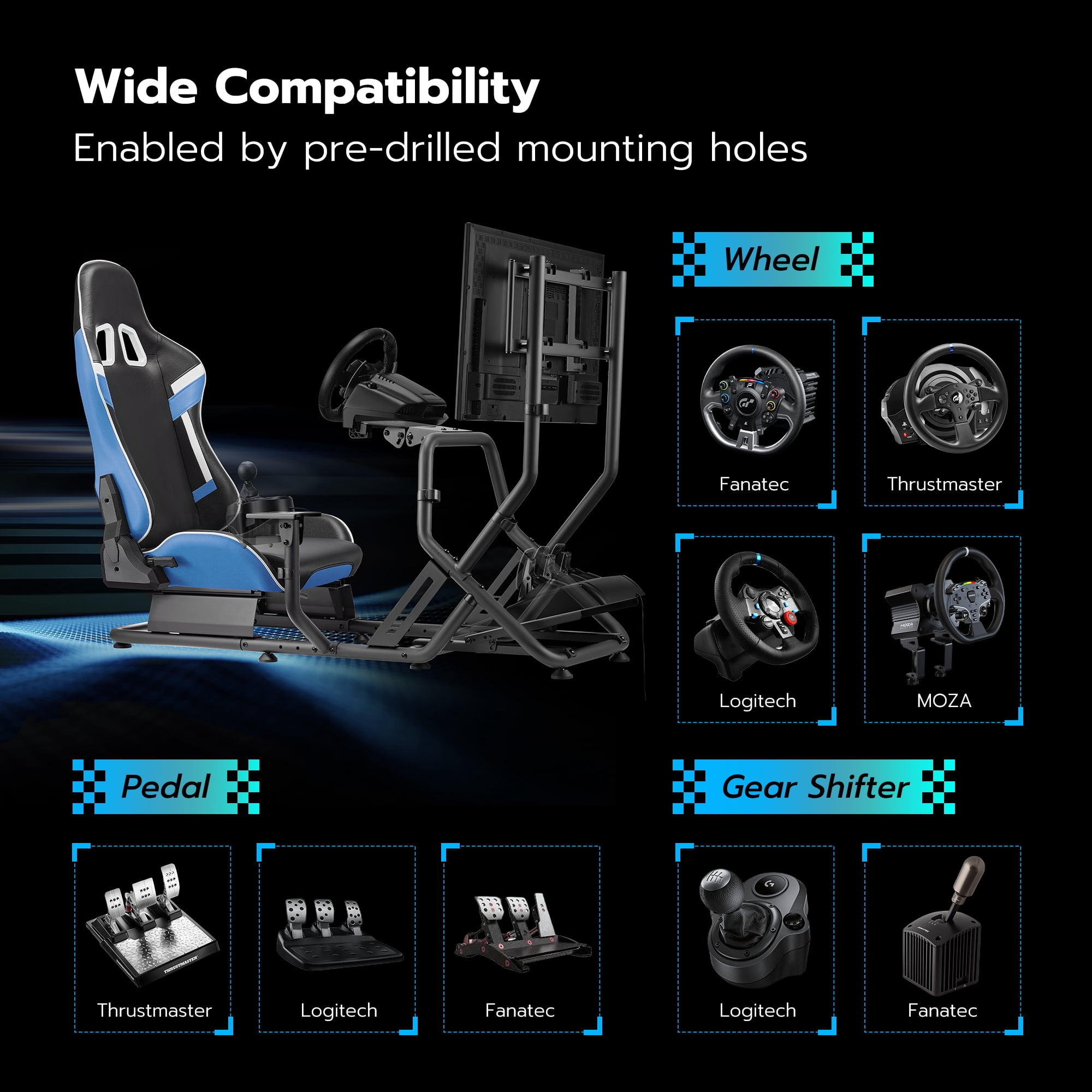 ARES WING Racing Simulator Cockpit with Seat and Monitor Mount, Adjustable Sim Racing Cockpit Compatible with Logitech, Thrustmaster, Fanatec, Moza, for PS5, PS4, Xbox and PC， Blue