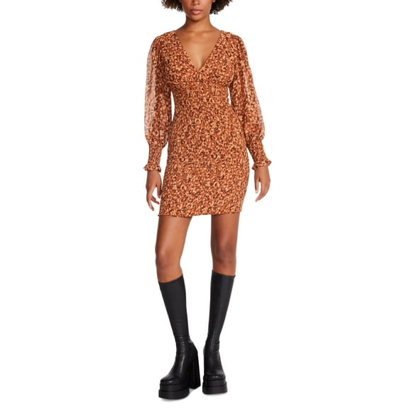 Women's Printed Carly Smocked Dress Mocha Bisque XS