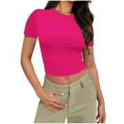 USSUMA Summer Tops For Women Trendy Women's Basic Short Sleeve Round Neck Crop Top Summer Casual Plain Crop Tops T-Shirt Tee for Juniors Girls