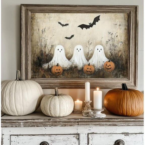Rustic Country Ghost Poster Ghosts Pumpkins Bats Vintage Canvas Print Painting Wall Art for Cottage Halloween Bedroom Living Room Home Decor Unframed