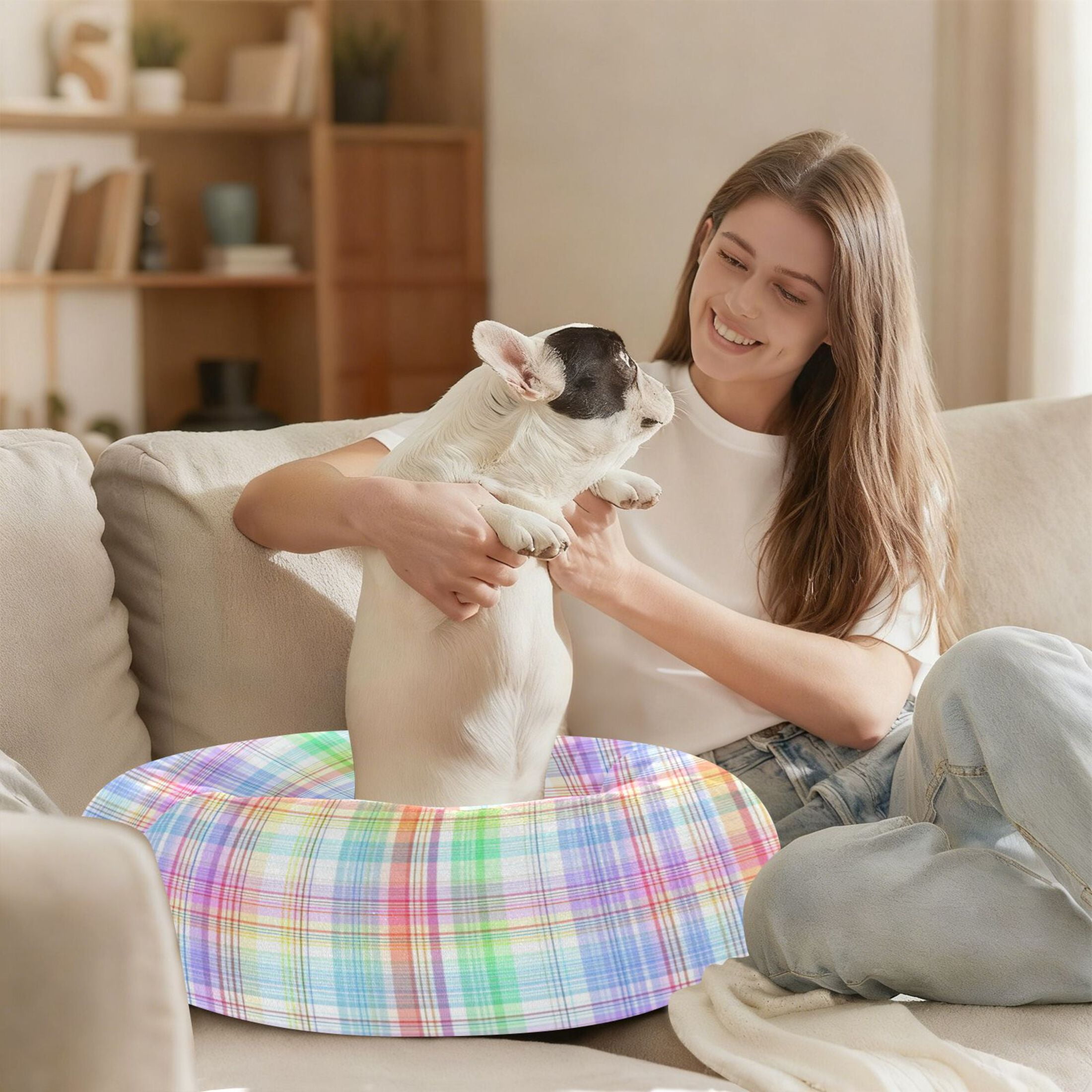 Iauyy Pet Couch Donut Cat Bed for Indoor Cats/Small Dogs Washable & Machine with Non-slip Bottom Calming Cat Furniture, Rainbow-colored Checkered (M)