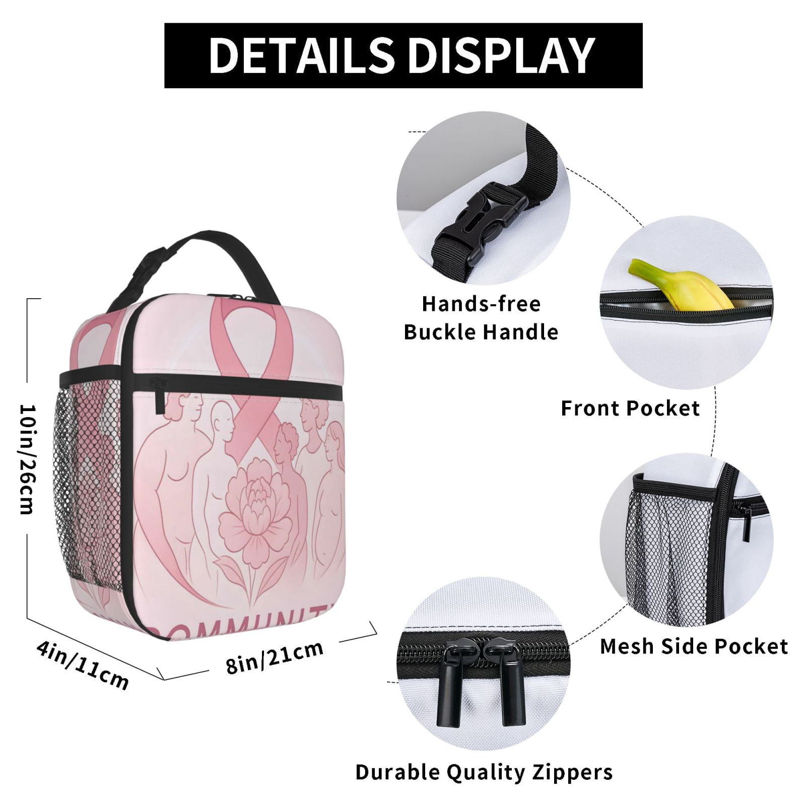 Lunch Bag For Women Men Insulated Portable Lunch Box Bento Box Office Picnic Travel Cooler Bag Breast Cancer Awareness - Community