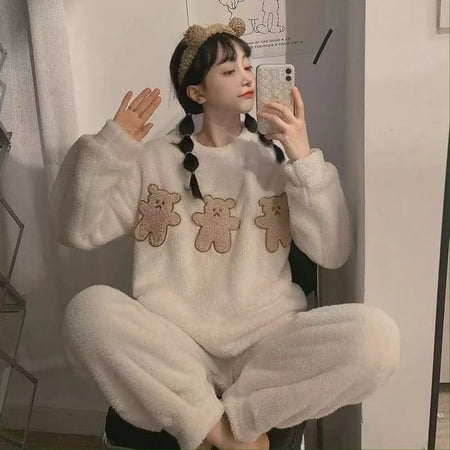 

Autumn Winter New Warm Flannel Women s Pajamas Set Long-sleeved Trousers Two-piece Set Cute Soft Home Wear Clothes for Women