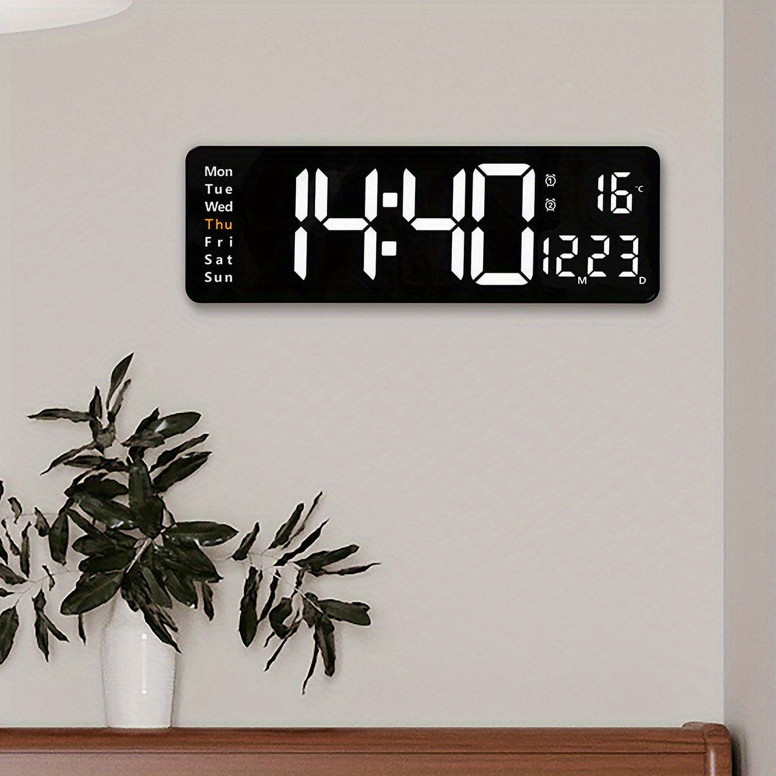 1 Pc 15.6inch Large LED Wall Clock with Timer Countdown Function, Date, Dual Alarm Clock, Time 12/ 24h, Temperature Display, 10 Level Brightness Adjustable, Memory Function, Including 2M Cable