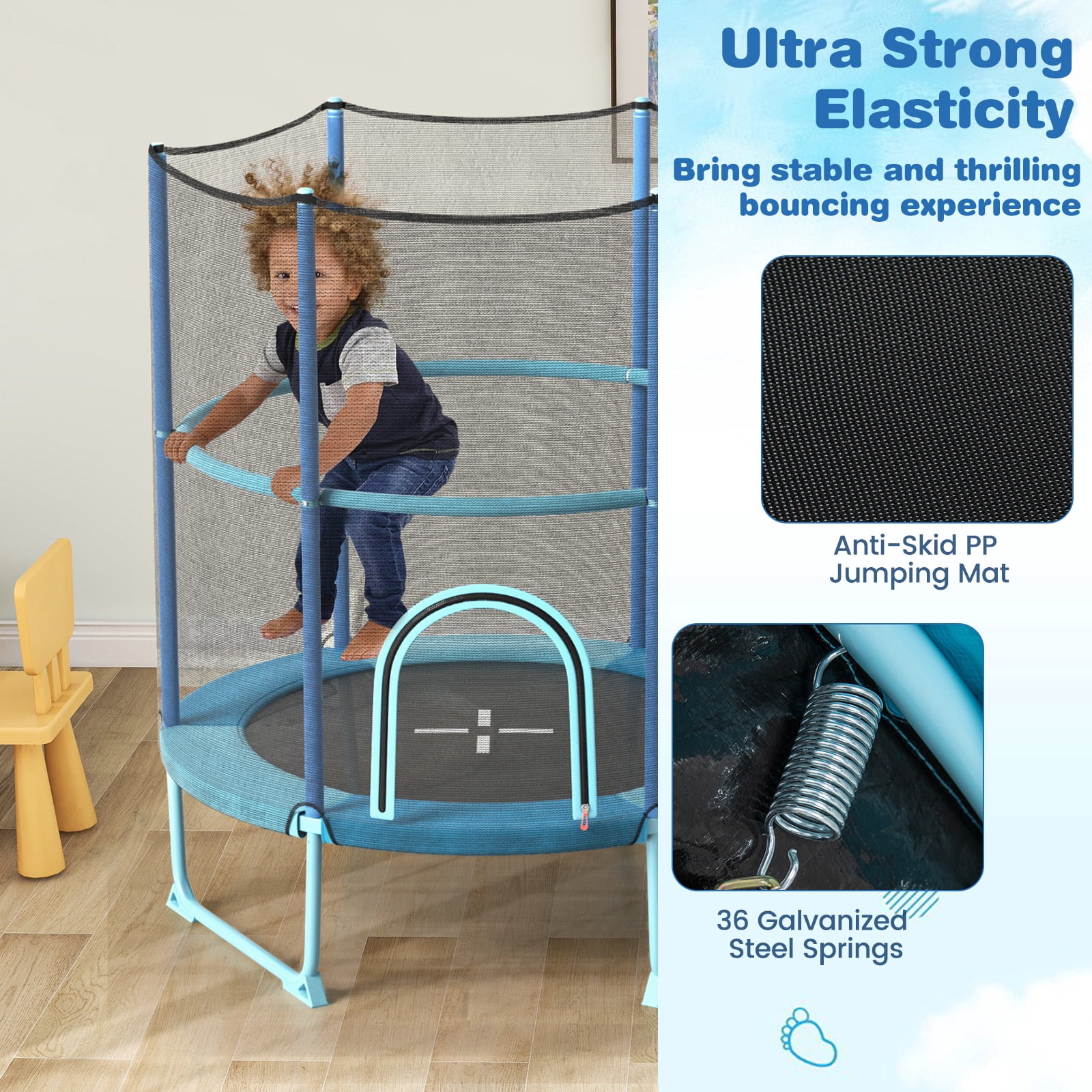 Infans 60" Trampoline for Kids w/Gymnastic Bar Rings Foamed Handle No Gap Design Blue