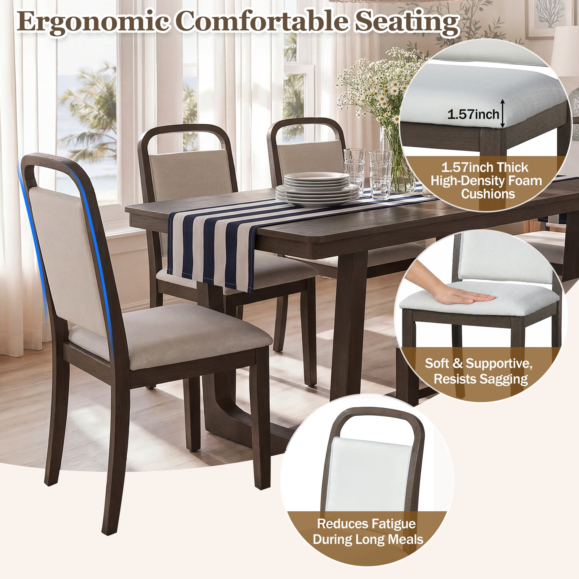 6-Piece Dining Table Set for 6, 60" Rectangular Dining Table with 4 Upholstered Chairs and 1 Bench