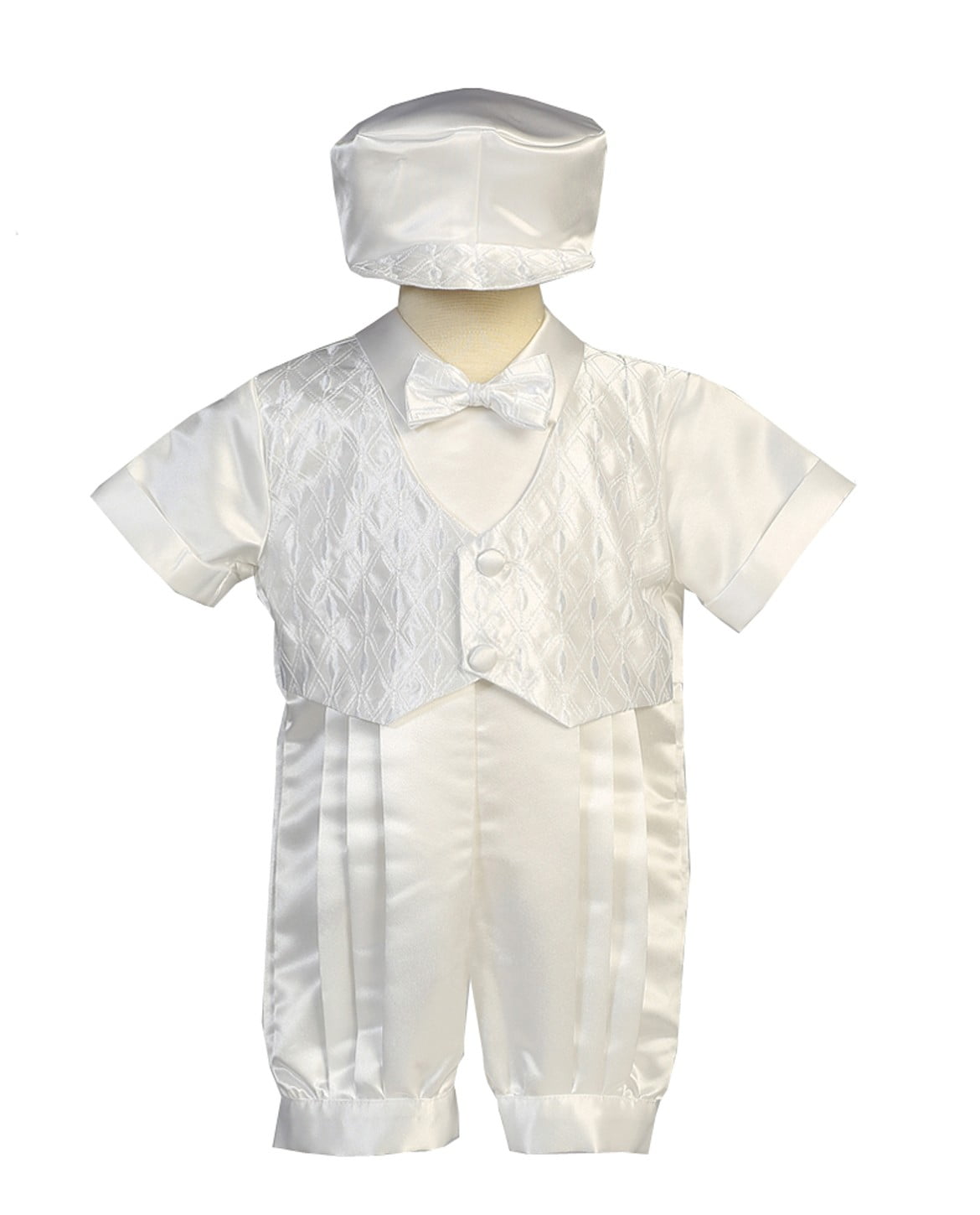 Baby Boys White Satin Christening Suit Romper Set Hat Shoes 0 3 6 9 12 Months 