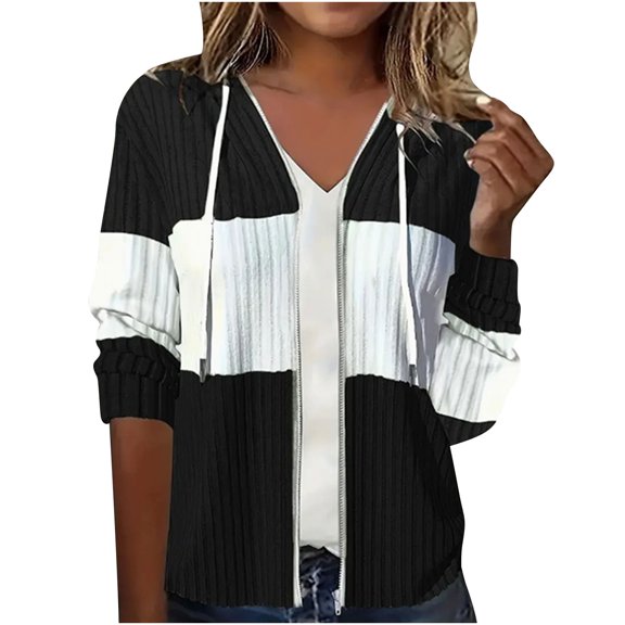 YUGYXL Women's Zip Up Hoodies Sweater Lightweight Color Block Knit Hooded Sweatshirts Casual Drawstring Thin Jackets Coats Black S
