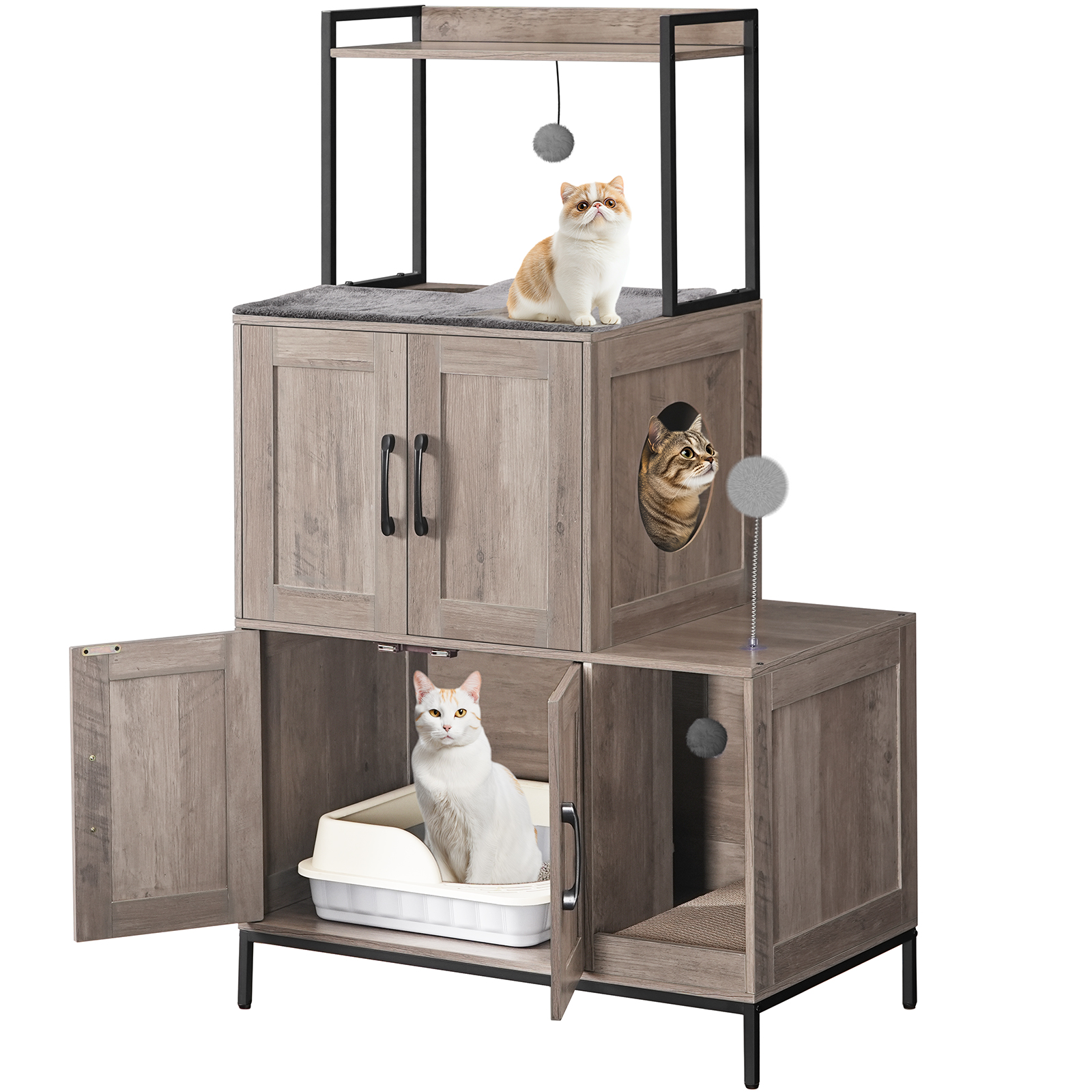 HOOBRO Hidden Double Litter Box Enclosure with Shelf, Greige and Black